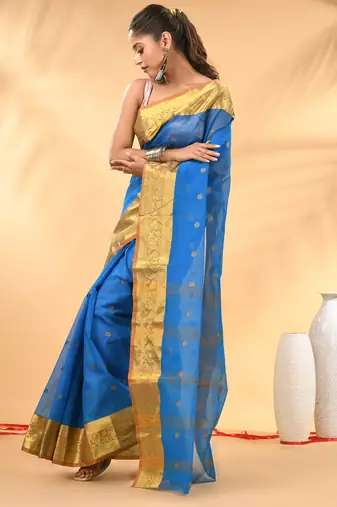Sky blue tant pure cotton saree with zari border
