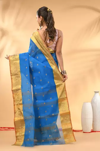 Sky blue tant pure cotton saree with zari border