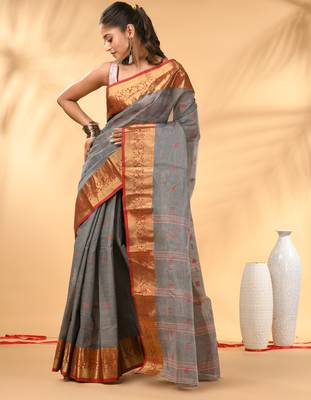Grey tant pure cotton saree with zari border 1