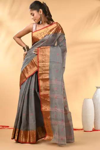Grey tant pure cotton saree with zari border
