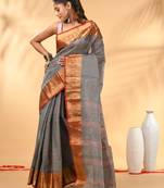 Grey tant pure cotton saree with zari border