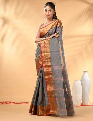 Grey tant pure cotton saree with zari border 2