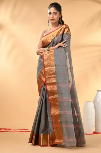 Grey tant pure cotton saree with zari border