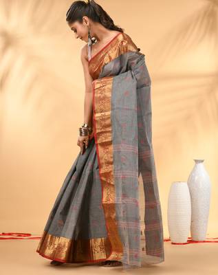 Grey tant pure cotton saree with zari border 3