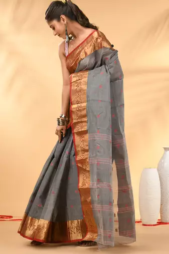Grey tant pure cotton saree with zari border
