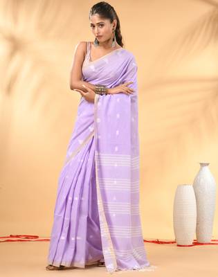 Lavender soft cotton saree with subtle striped pallu 1