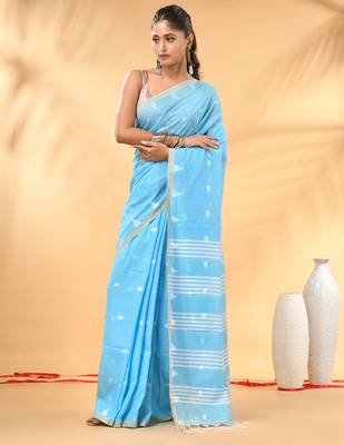 Sky blue soft cotton saree with subtle striped pallu 1