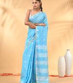 Sky blue soft cotton saree with subtle striped pallu