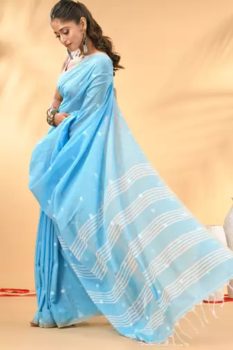 Sky blue soft cotton saree with subtle striped pallu