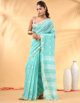 Aqua blue soft cotton saree with subtle striped pallu 1