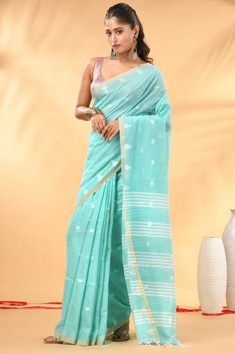 Aqua blue soft cotton saree with subtle striped pallu