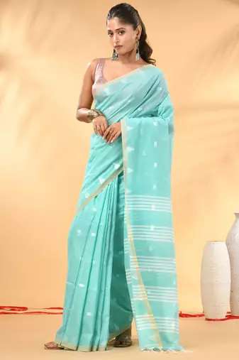 Aqua blue soft cotton saree with subtle striped pallu