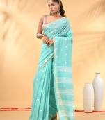 Aqua blue soft cotton saree with subtle striped pallu