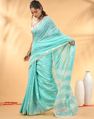 Aqua blue soft cotton saree with subtle striped pallu 2