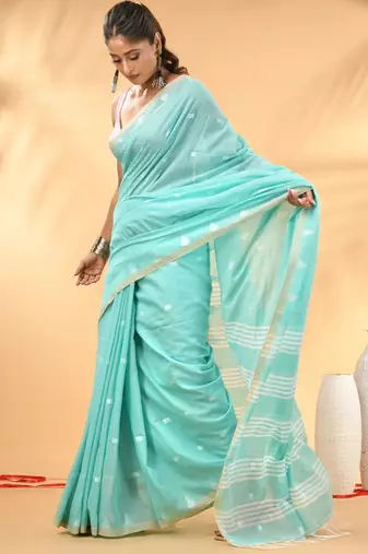 Aqua blue soft cotton saree with subtle striped pallu