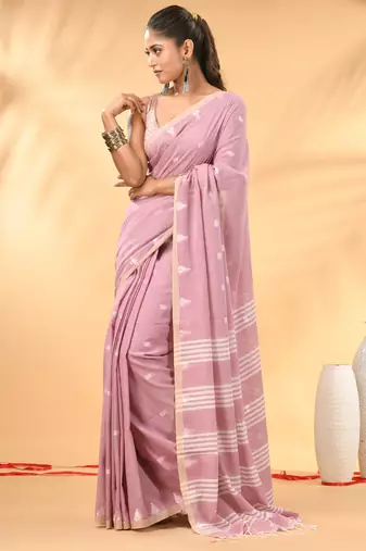Dusty pink soft cotton saree with subtle striped pallu