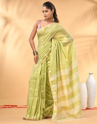 Lime green soft cotton saree with subtle striped pallu 1