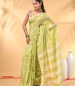 Lime green soft cotton saree with subtle striped pallu