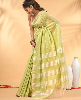 Lime green soft cotton saree with subtle striped pallu 2
