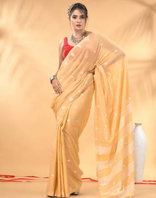 Beige soft cotton saree with subtle striped pallu 1