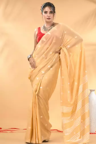 Beige soft cotton saree with subtle striped pallu