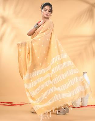 Beige soft cotton saree with subtle striped pallu 2