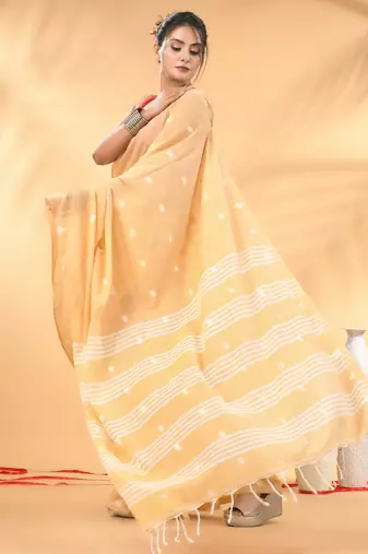 Beige soft cotton saree with subtle striped pallu