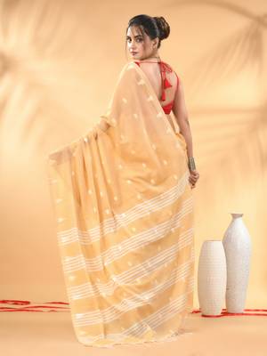 Beige soft cotton saree with subtle striped pallu 3