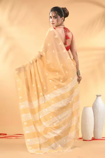 Beige soft cotton saree with subtle striped pallu