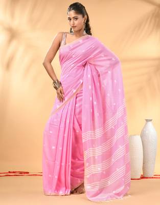 Pink soft cotton saree with subtle striped pallu 1