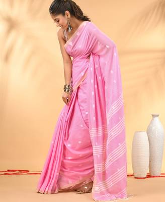 Pink soft cotton saree with subtle striped pallu 2
