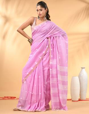 Pink soft cotton saree with subtle striped pallu 1