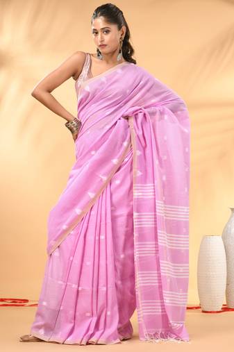 Pink soft cotton saree with subtle striped pallu