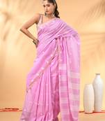 Pink soft cotton saree with subtle striped pallu