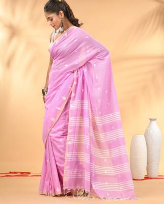 Pink soft cotton saree with subtle striped pallu 2