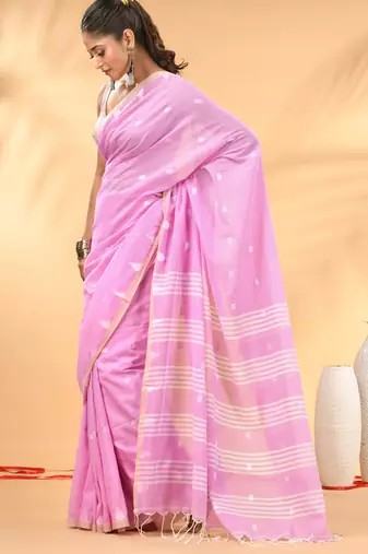 Pink soft cotton saree with subtle striped pallu