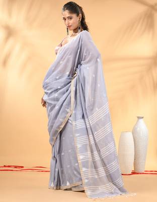 Grey soft cotton saree with subtle striped pallu 2