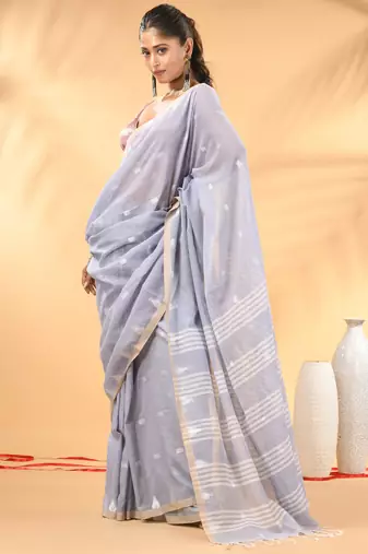 Grey soft cotton saree with subtle striped pallu