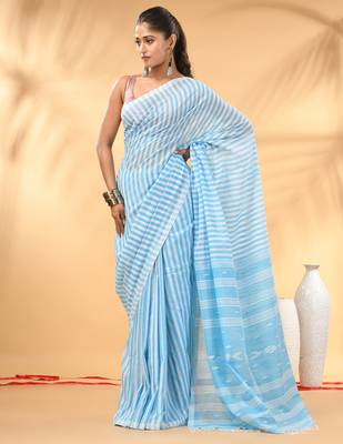 Lavender and white handwoven cotton saree with all-over stripes and textured pallu 1