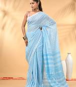 Lavender and white handwoven cotton saree with all-over stripes and textured pallu