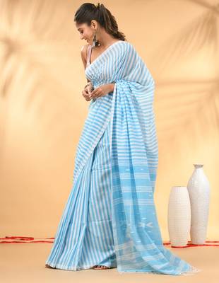 Lavender and white handwoven cotton saree with all-over stripes and textured pallu 2