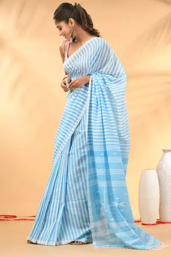 Lavender and white handwoven cotton saree with all-over stripes and textured pallu