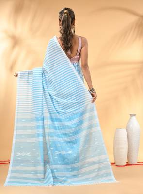 Lavender and white handwoven cotton saree with all-over stripes and textured pallu 3
