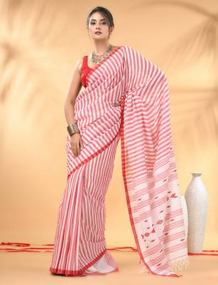 White and red handwoven cotton saree with all-over stripes and textured pallu 1