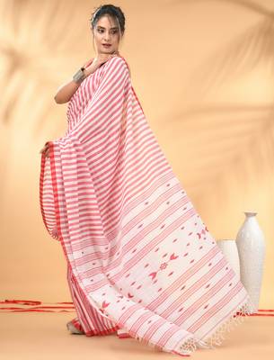 White and red handwoven cotton saree with all-over stripes and textured pallu 2