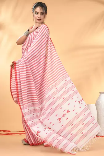 White and red handwoven cotton saree with all-over stripes and textured pallu