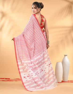 White and red handwoven cotton saree with all-over stripes and textured pallu 3