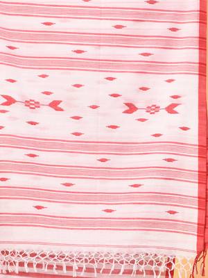 White and red handwoven cotton saree with all-over stripes and textured pallu 4