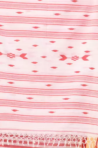 White and red handwoven cotton saree with all-over stripes and textured pallu