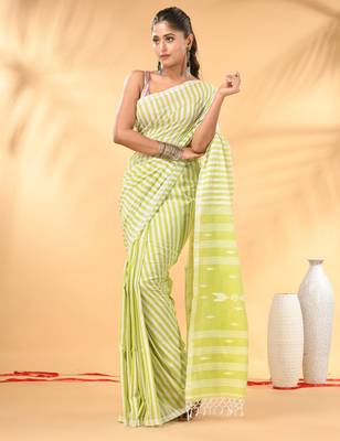 Lime green and white handwoven cotton saree with all-over stripes and textured pallu 1